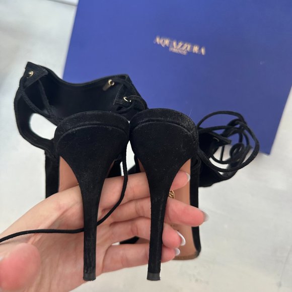 Aquazzura Sexy Thing 105 Cutout Peep Toe Sandals Sz 36 Black Suede Back Ties - Picture 11 of 13